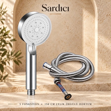 Sardıcı 5 Fonksiyonlu Krom Duş Başlığı ve 150 cm Çelik Örgülü Hortum