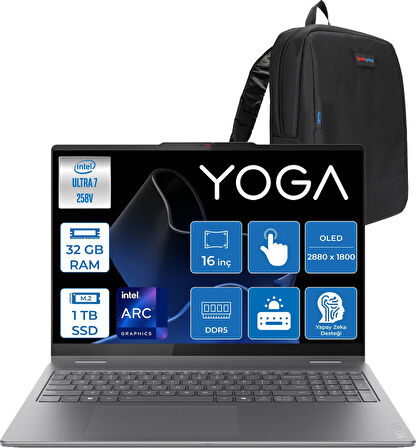Lenovo Yoga 7 2-In-1 16ILL10 Intel Core Ultra 7 258V 32GB 1tb SSD Freedos Intel Arc 140V OLED 500NITS 16" Wqxga+ (2880X1800) 120HZ Dokunmatik Y83JT0018TRF02 + Lenovo Yoga Kalem + Zetta Çanta