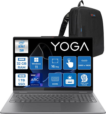 Lenovo Yoga 7 2-In-1 16ILL10 Intel Core Ultra 7 258V 32GB 1tb SSD Windows 11 Pro Intel Arc 140V OLED 500NITS 16" Wqxga+ (2880X1800) 120HZ Dokunmatik Y83JT0018TRP02 + Lenovo Yoga Kalem + Zetta Çanta
