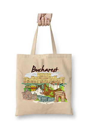 Bucharest Bükreş Romanya Beyaz Bez Çanta Uzun Saplı Alışveriş Çantası Plaj Çantası