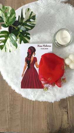 Pamuğum Atelier Kız Figürlü Kına Mendilli Hediyelik Kırmızı Altın Detaylı (15 Adet)