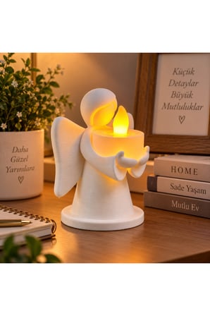 Dekoratif Melek Mumluk LED Pilli Mum Hediyeli 3D Baskı Masa ve Ev Dekoru 10x8 cm - Beyaz