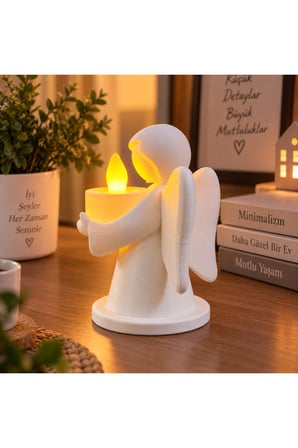 Dekoratif Melek Mumluk LED Pilli Mum Hediyeli 3D Baskı Masa ve Ev Dekoru 10x8 cm - Beyaz