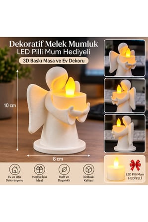 Dekoratif Melek Mumluk LED Pilli Mum Hediyeli 3D Baskı Masa ve Ev Dekoru 10x8 cm - Beyaz