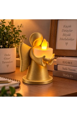 Dekoratif Melek Mumluk LED Pilli Mum Hediyeli 3D Baskı Masa ve Ev Dekoru 10x8 cm - Gold
