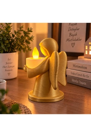Dekoratif Melek Mumluk LED Pilli Mum Hediyeli 3D Baskı Masa ve Ev Dekoru 10x8 cm - Gold
