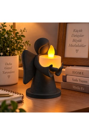 Dekoratif Melek Mumluk LED Pilli Mum Hediyeli 3D Baskı Masa ve Ev Dekoru 10x8 cm - Siyah