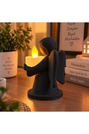 Dekoratif Melek Mumluk LED Pilli Mum Hediyeli 3D Baskı Masa ve Ev Dekoru 10x8 cm - Siyah