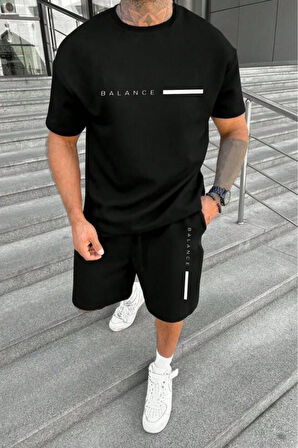Erkek Siyah Balance Baskılı Şhort Tshirt Takım
