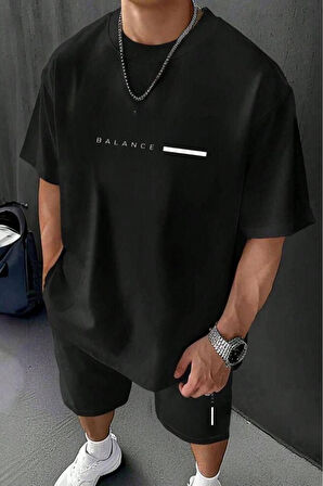 Erkek Siyah Balance Baskılı Şhort Tshirt Takım