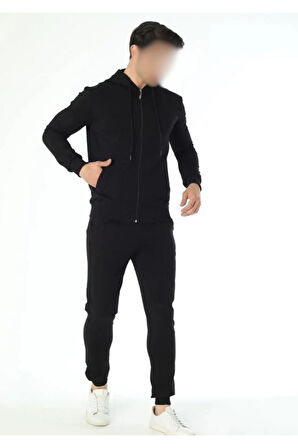 Kapüşonlu Erkek Siyah Eşofman Takımı ROZ.14.EL.54.T