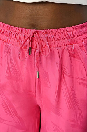 KADIN BELİ LASTİKLİ BOL PAÇA DESENLİ FUŞYA PANTOLON