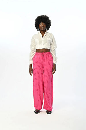 KADIN BELİ LASTİKLİ BOL PAÇA DESENLİ FUŞYA PANTOLON