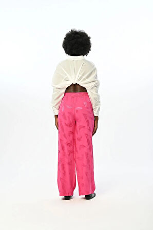 KADIN BELİ LASTİKLİ BOL PAÇA DESENLİ FUŞYA PANTOLON