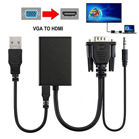 Vga to Hdmi Çevirici Kablo Ses Çıkışlı Vga Dişi Hdmi Erkek