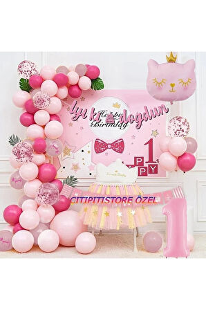 PEMBE KIZ ÇOCUKLARINA ÖZEL KEDİ FOLYOLU BALON ZİNCİR SET