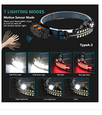 Çok İşlevi Olan Sensör Far Led 7Mod Kırmızı Flaşörlü Su Geçirmez Yüksek Güç Usb Şarjlı Kafa Feneri Süper Aydınlatma Kamp,Tamir, Koşucular İçin Fener