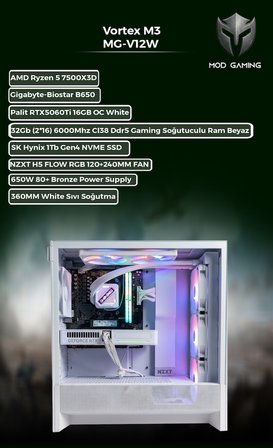 Vortex MG-V12W Amd Ryzen 7500X3D | 32GB Ram | Rtx 5060TI 16GB | 1 TB SSD | Beyaz Set | Oyuncu OEM PAKET