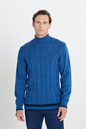 Erkek Havacı Mavi Standart Fit Normal Kesim Tam Balıkçı Yaka Jakarlı Triko Kazak