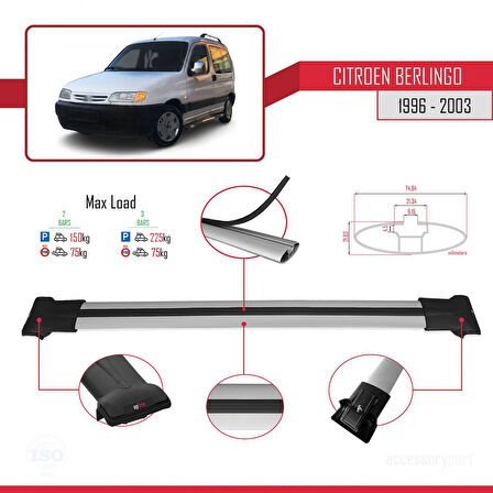 Citroen Berlingo (M49) 1996-2003 Arası ile Uyumlu FLY Model Ara Atkı Tavan Barı Gri 2 Adet