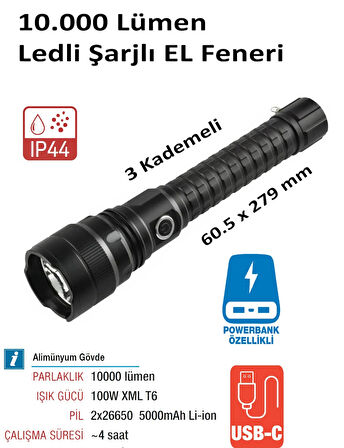 Nttools Ntlights 10000 Lümen Çok Parlak Zoom Özellikli Usb Şarjlı El Feneri NTLS8001
