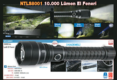 Nttools Ntlights 10000 Lümen Çok Parlak Zoom Özellikli Usb Şarjlı El Feneri NTLS8001