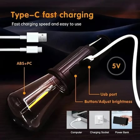 Rustik Taşınabilir Şarjlı Tasarruflu Ampul 10W Led Lamba Type-c Şarj Askılı Asma Aydınlatma T020 (5492)