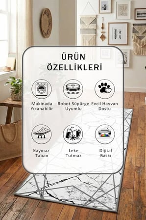 Yıkanabilir Kaymaz Mermer Füme Dijital Baskılı Yolluk Halı Tüy Tutmaz