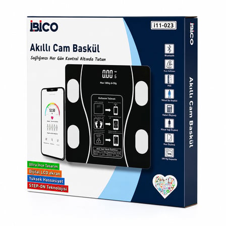BLUETOOTH - VÜCUT ANALİZLİ DİJİTAL BASKÜL TERAZİ TARTI 180KG/50G YAĞ - SU - KAS ORAN - BMI İ11-023 (5566)