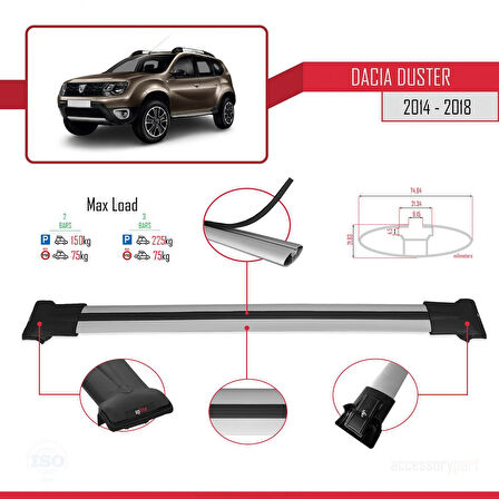 Dacia Duster (HS) Post-Facelift 2014-2017 Arası ile Uyumlu FLY Model Ara Atkı Tavan Barı Gri 2 Adet