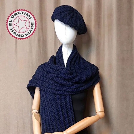 Uretti - Emine 9106 - 4086 El Örgüsü Bere Ve Kaşkol Takımı - Lacivert