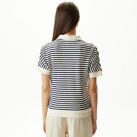 Nautica Kadın Lacivert Slim Fit Çizgili Polo Yaka T-Shirt