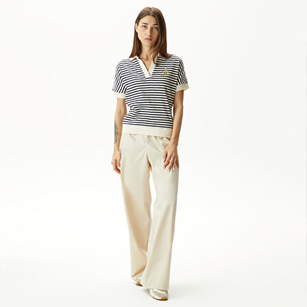 Nautica Kadın Lacivert Slim Fit Çizgili Polo Yaka T-Shirt