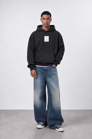 Erkek Horse Patch Detaylı Oversize Hoodie Siyah