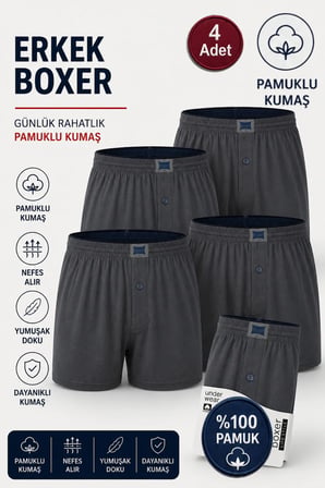 Erkek Penye Boxer 4 Adet %35 Pamuk %65 Polyester (Tutku Yetkili Satıcısı) Havlu Bel Düğmeli Pamuklu Rahat Kalıp Nefes Alan Kumaş - Gri