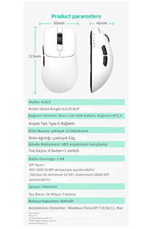 Aj179 NL P Near-link 3 Modlu 1000hz 2600 Dpı 800 Mah Batarya Paw 3395 - Yeni Nesil Bağlantı Modu