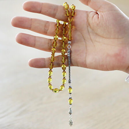 925 Ayar Gümüş Püsküllü Arpa Kesim Sarı Ateş Kehribar Tesbih