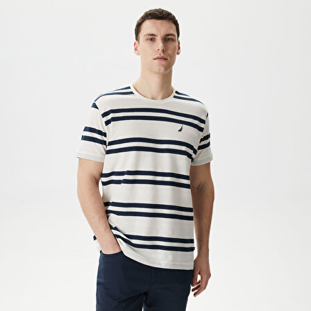 Nautica Erkek Beyaz Standart Fit Kısa Kollu Çizgili T-Shirt