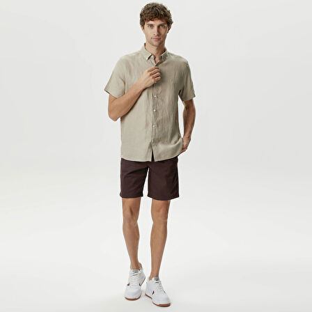 Nautica Erkek Bej Classic Fit Kısa Kollu Keten Gömlek
