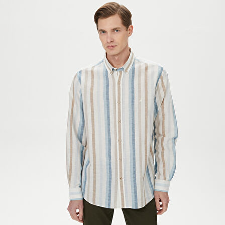 Nautica Erkek Mavi Classic Fit Uzun Kollu Çizgili Gömlek