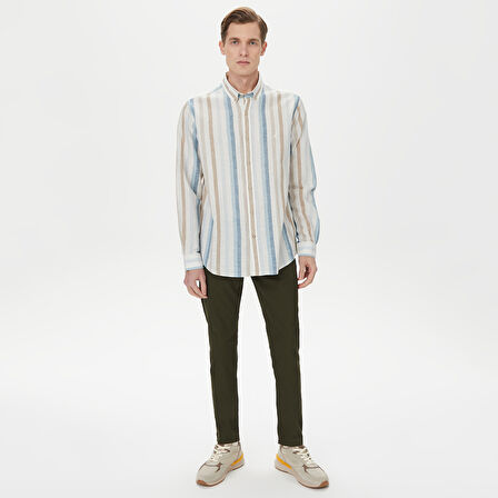 Nautica Erkek Mavi Classic Fit Uzun Kollu Çizgili Gömlek