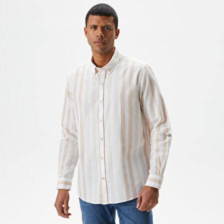 Nautica Erkek Kırık Beyaz Classic Fit Uzun Kollu Çizgili Keten Gömlek