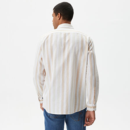 Nautica Erkek Kırık Beyaz Classic Fit Uzun Kollu Çizgili Keten Gömlek