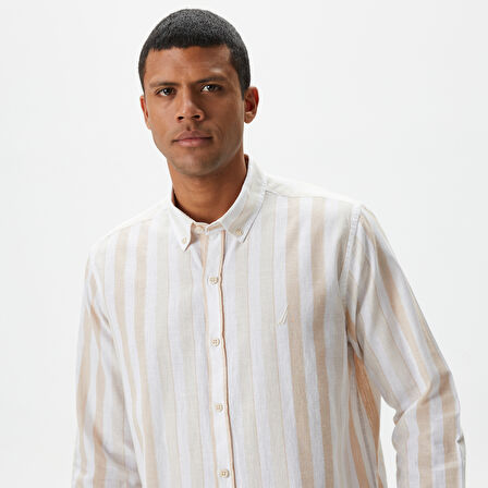 Nautica Erkek Kırık Beyaz Classic Fit Uzun Kollu Çizgili Keten Gömlek