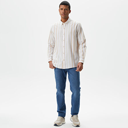 Nautica Erkek Kırık Beyaz Classic Fit Uzun Kollu Çizgili Keten Gömlek