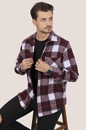 Kiraz Beyaz Geçişli Oversize Kalın Oduncu Gömlek