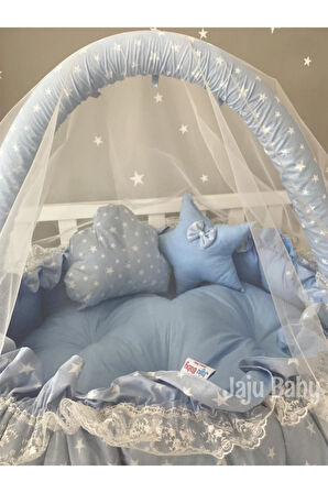 Nest Mavi Yıldızlı Tasarım Oyun Minderi Jaju-babynest Anne Yanı Cibinlik Tül Aparat Set