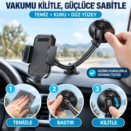 Dexxony HP-A06 30 cm Uzun Boyunlu Vakumlu Araç İçi Telefon Tutucu – 360° Döner Başlık