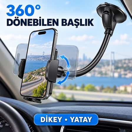 Dexxony HP-A06 30 cm Uzun Boyunlu Vakumlu Araç İçi Telefon Tutucu – 360° Döner Başlık