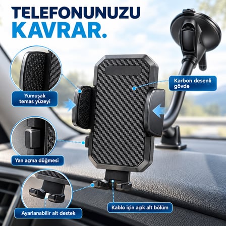 Dexxony HP-A06 30 cm Uzun Boyunlu Vakumlu Araç İçi Telefon Tutucu – 360° Döner Başlık